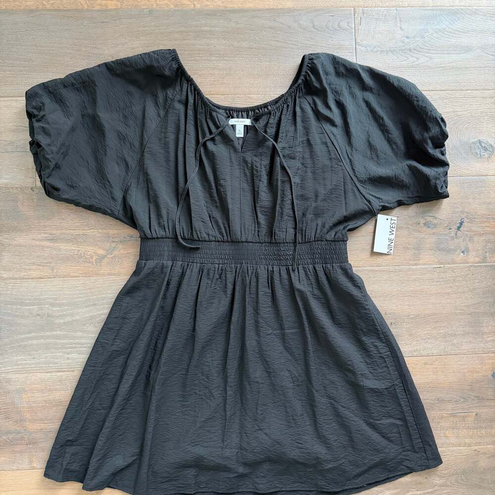 Women's Nine West Tie Neck Puff Sleeve Cinched Black Mini Dress 🖤 Size XL 🖤 NW